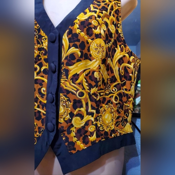 VTG Luxury 100% Silk Gillian Black Gold Ornament Print Baroque Vest Size 12 - Picture 3 of 7